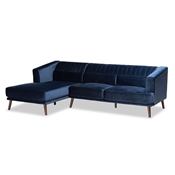 Baxton Studio Morton Mid-Century Modern Contemporary Navy Blue Velvet Fabric Upholstered and Dark Brown Finished Wood Sectional Sofa with Left Facing Chaise Baxton Studio restaurant furniture, hotel furniture, commercial furniture, wholesale living room furniture, wholesale sectional sofa, classic sectional sofa